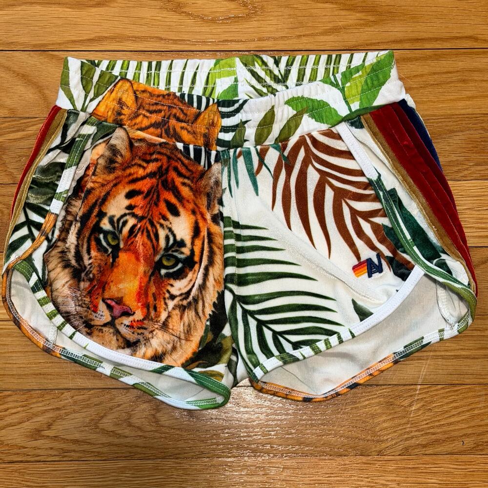 Aviator Nation | Women's AV Tiger Jungle Palm Rainbow Stripe Print Shorts XS